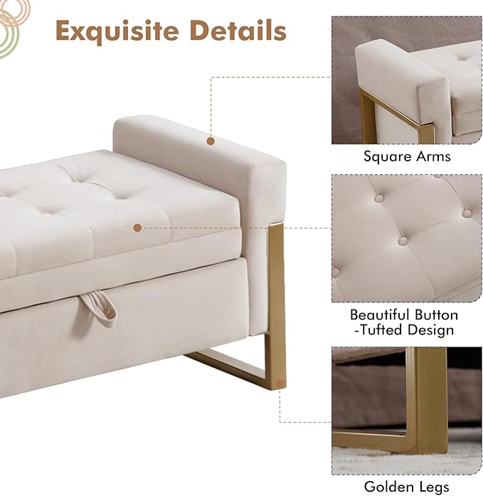 67" Storage Bench for Bedroom End of Bed, Velvet King Size Bed Bench with Double Lids and Gold Legs, Storage Ottoman Bench with Arms for Living Room Window and Entryway, Beige