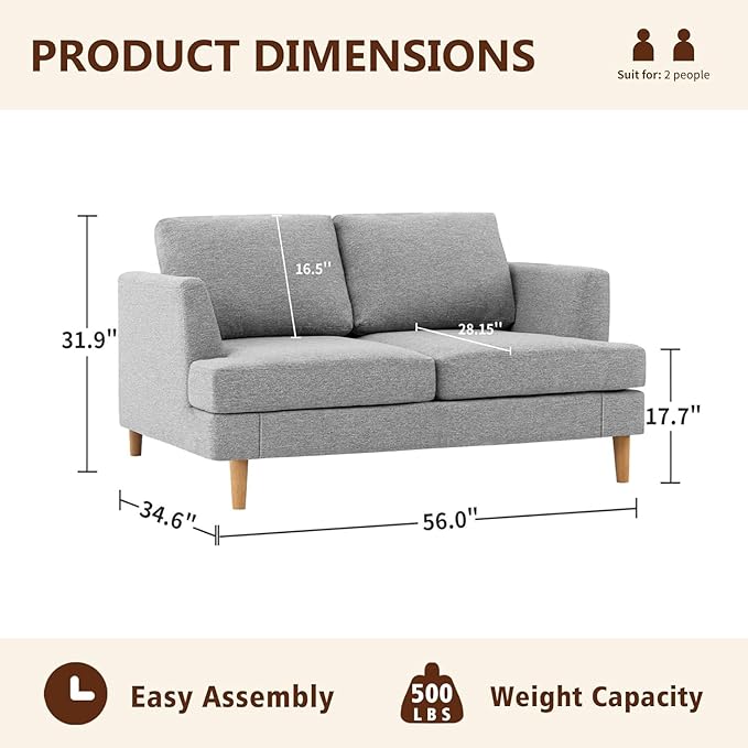 Loveseat Sofa 56" Mid Century Modern Small Couches for Small Spaces Love Seat with 2-Seat Upholstered Cushion Sofa Couches for Bedroom, Living Room, Apartment, Office (Grey)