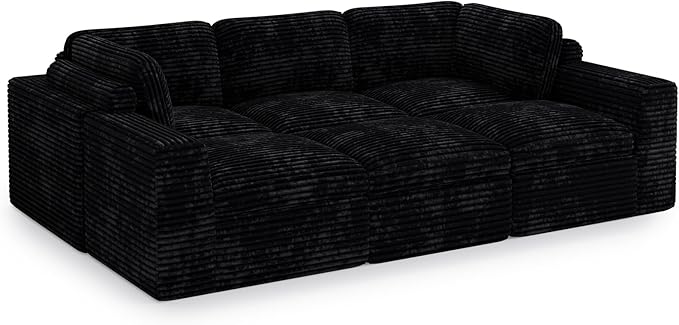 Cloud Sectional Sleeper Sofa Bed 6-Seater Plush Corduroy Modular Sectional Sofa Couches for Living Room with Ottoman. Black Couch.