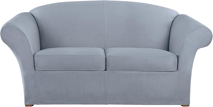SureFit Ultimate Stretch Suede 3 Piece Box Loveseat Slipcover in Pacific Blue