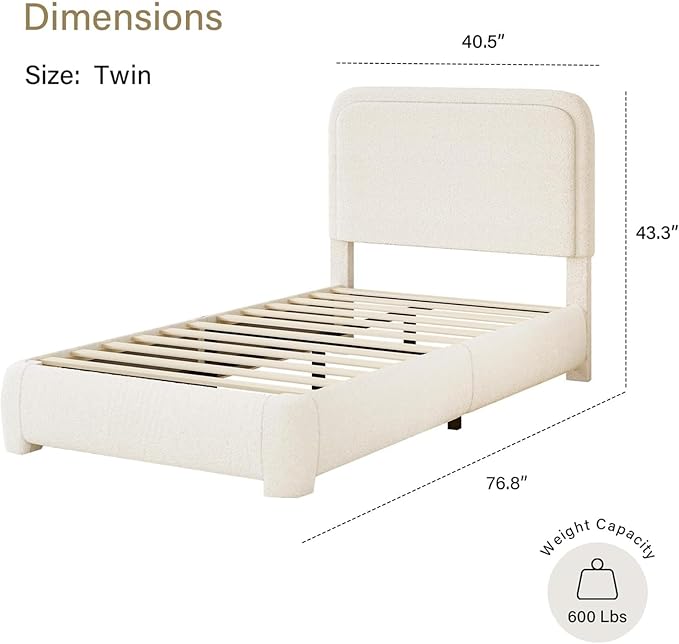 BarnFurin Twin Size Bed Frame,Cloud Boucle Upholstered Platform Bed Frame with Headboard, Soft Rounded Corners, No Box Spring Required, Non-Slip and Noise-Free, Easy Assembly, Cream