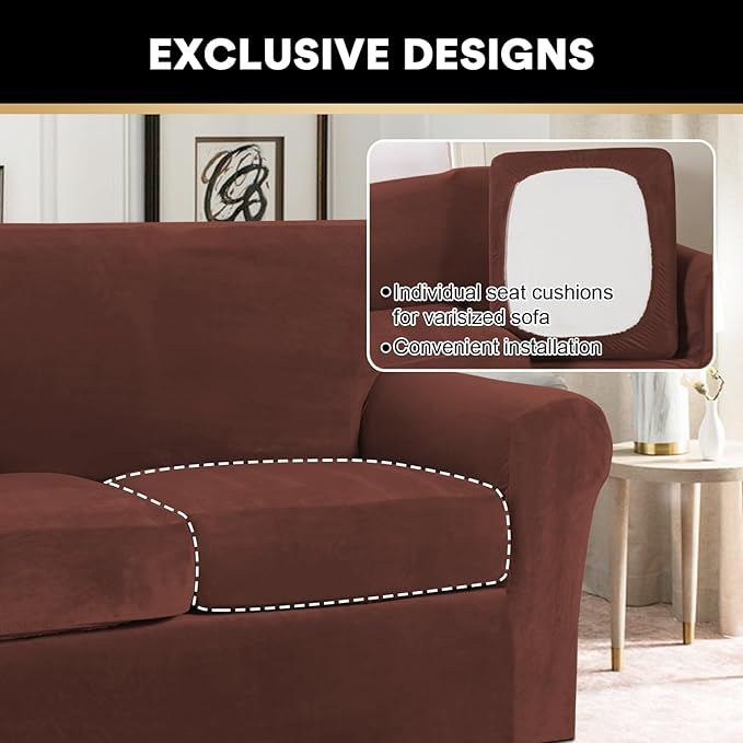 PrinceDeco Velvet Couch Covers for Sofa Soft 4 Pieces Couch Covers for 3 Cushion Couch Sofa Pet Friendly Furniture Protector with Non Slip Elastic Bottom Width Up to 97 Inch (Large Sofas, Burnt Brick)