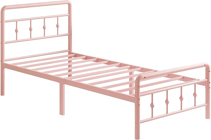Richwanone 14 inch Twin XL Bed Frame with Headboard and Footboard, Heavy Duty Metal Bed Frame Victorian Style, No Box Spring Needed, Easy Assembly, Pink