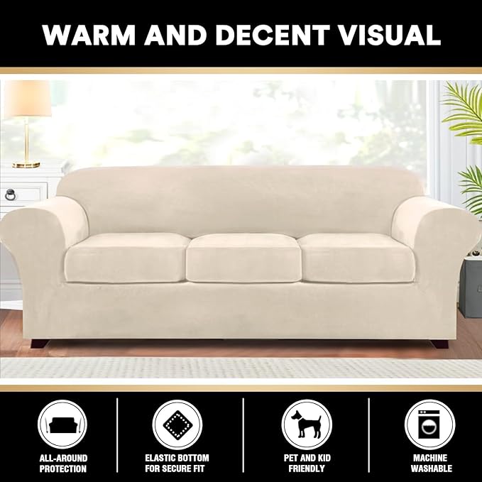 PrinceDeco Velvet Couch Covers for Sofa Soft 4 Pieces Couch Covers for 3 Cushion Couch Sofa Pet Friendly Furniture Protector with Non Slip Elastic Bottom Width Up to 97 Inch (Large Sofas, Ivory)
