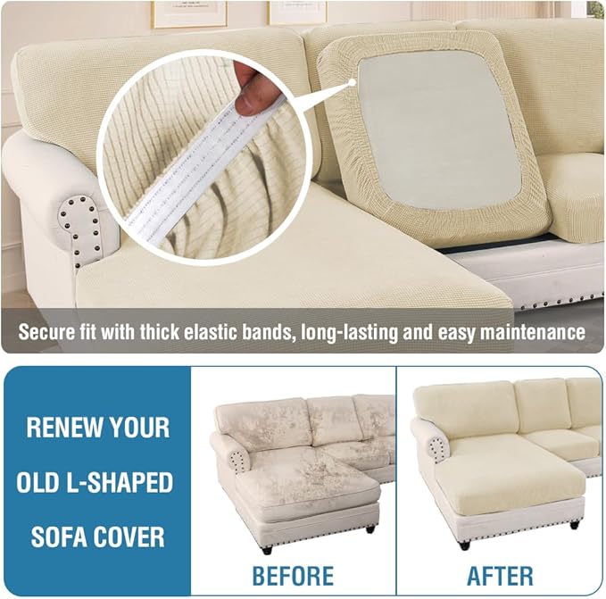 H.VERSAILTEX Sectional Couch Covers 8 Pieces Stretch Sofa Covers for Sectional Sofa Set Separate L Shaped Couch Cover for Both Left/Right Couch (Seat and Back: 1 Chaise + 3 Sofa, Natural)
