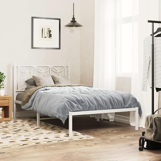White Steel Bed Frame Single Modern Headboard Platform Mattress Base, 39.4 x 78.7 Inch Sleeping Area, Durable Heavy Duty 440 Lbs Capacity Underbed Storage Space for Bedroom