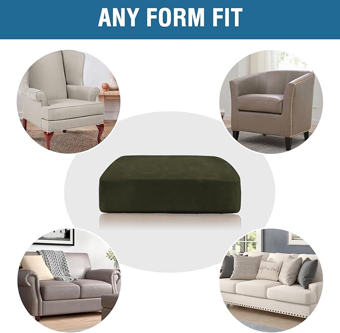 H.VERSAILTEX Velvet Stretch Couch Cushion Cover Plush Cushion Slipcover for Chair Cushion Furniture Protector Seat Cushion Sofa Cover (1 Piece Armchair Cushion Covers, Olive)