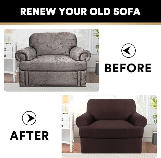 PrinceDeco 2 Pieces Armchair Slipcover Stretch Couch Covers for T Cushion Chair Slipcovers Soft Arm Chiar Cover Furniture Covers with 1 Individual T Shape Seat Covers Width Up to 40", Brown