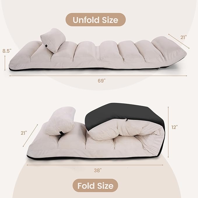 KOMFOTT Foldable Floor Lazy Sofa with Pillow, Indoor Chaise Lounge with 5 Adjustable Positions, Adjustable Back Support & Footrest, Video Gaming Chair for Home, Office, Reading, Watching (Beige)