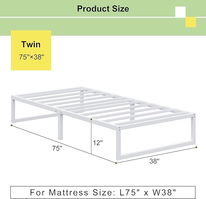 EMODA 12 Inch Twin Bed Frames, Metal Platform Bed Frame Twin No Box Spring Needed, Heavy Duty Steel Slats Support, Easy Assembly, Noise Free, White