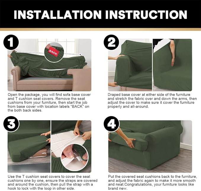 PrinceDeco T Cushion Sofa Slipcover 3 Pieces for Sofa, Soft Couch Cover, Furniture Covers with 2 Individual T Cushion Shape Seat Covers Width Up to 88 Inch, Washable, Bronze Green