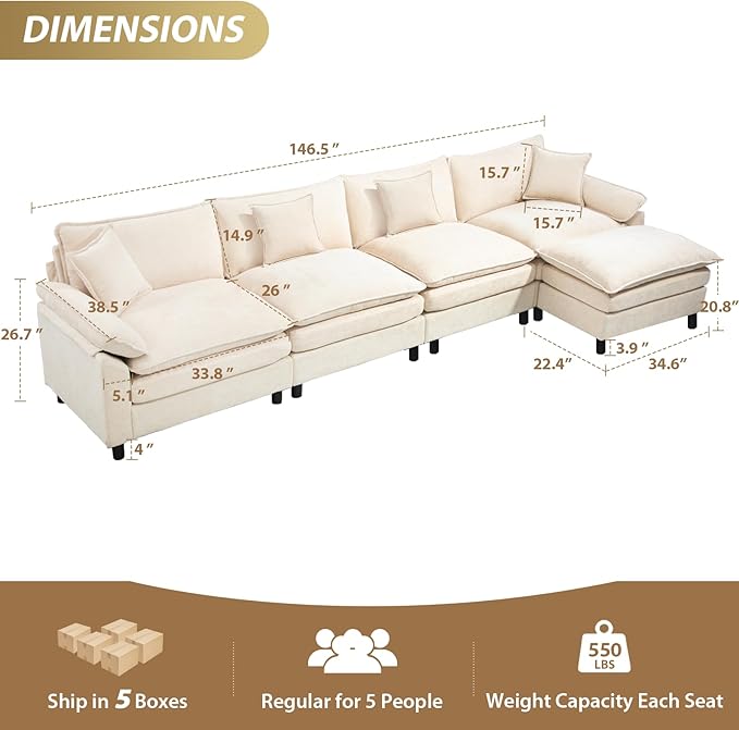 Oversized Modular Sectional Sofa, 146.5 Inch L Shaped Cloud Couch Set, 4-Seat Comfy Convertible Sofa with 1 Movable Ottoman, DIY Combination Sleeper Couch for Living Room(Chenille, Beige)