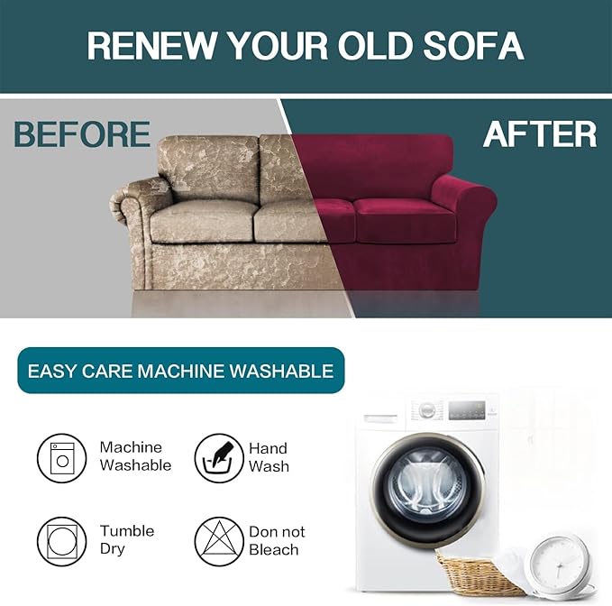 FantasDecor 4 Piece Sofa Velvet Couch Covers for 3 Cushion Stretch Slipcover with Individual Seat Cushion Elastic Furniture Protector for Pets, Machine Washable (Large Sofa, Burgundy)