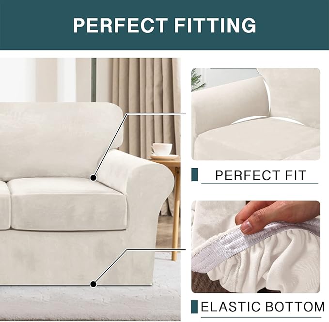 FantasDecor 3 Piece Sofa Covers Velvet for 2 Cushion Couch Stretch Loveseat Slipcover with Individual Seat Elastic Furniture Protector for Pets (Loveseat, Ivory)