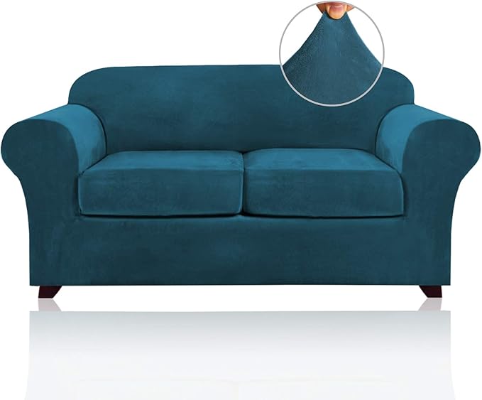 PrinceDeco Velvet Couch Cover Loveseat Covers for 2 Cushion Couch 3 Piece Sofa Covers for Dogs Washable Loveseat Covers Width Up to 72 Inch No Slip Stretch Sofa Slipcover(Medium,Deep Teal)
