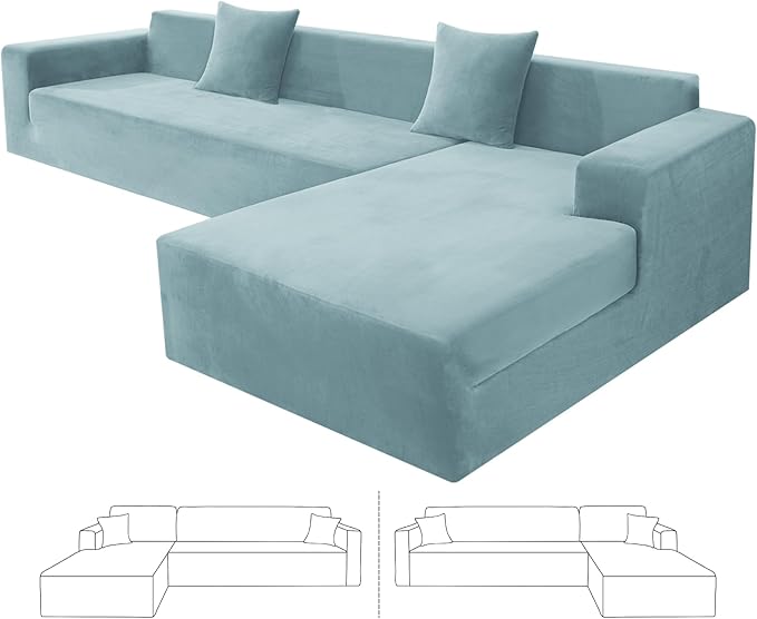 ZNSAYOTX 2026 Soft Velvet Sectional Couch Covers, Luxury Plush Slipcovers with Elastic Bottom for L Shape Sectional Sofa, 2 Pcs Pet Friendly Protector (3 Seat Couch + 3 Seat Chaise, Stone Blue)
