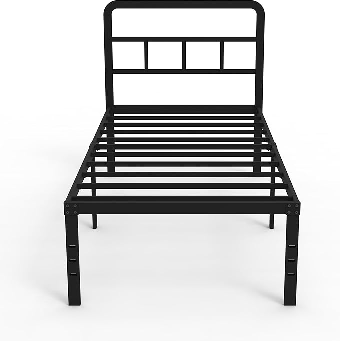 DiaOutro Twin Bed Frames with Headboard 18 Inch, Metal Platform No Box Spring Needed Heavy Duty Steel Slat Mattress Foundation/Easy Assembly/Noise Free/Black