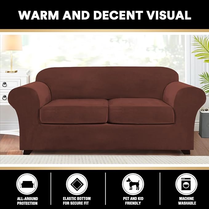 PrinceDeco Couch Cover Velvet Plush Sofa Covers for 2 Cushion Couch Width Up to 90 Inch Washable Furniture Protector Pet Friendly No Slip Sofa Slipcover(Medium-Large, Burnt Brick)