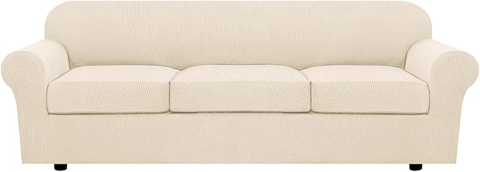 H.VERSAILTEX 4 Piece Stretch Sofa Covers for 3 Cushion Couch Furniture Slipcovers for Living Room (1 Base Cover Plus 3 Seat Cushion Covers) Jacquard Fabric Cover (XL Sofa, Cream)