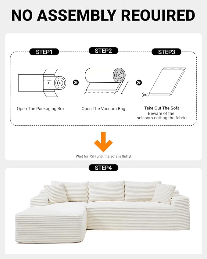 Cloud Sectional Couch,108" Modern Modular Sectional Sofa with Deep Seat,Corduroy Boneless Couches with L-Shape Chaise for Living Room,No Assembly Required (Beige, Left Facing Chaise)