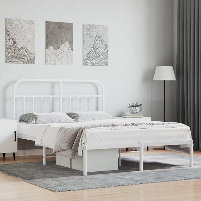 Bed Frame White Steel Single Bed Bedroom Furniture for Bedroom 55.1x74.8in Frame Rectangular