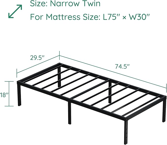 DiaOutro 18 Inch Narrow Twin Bed Frames Heavy Duty No Box Spring Needed Metal Platform with Maximum Storage, Easy Assembly, Noise Free, Black