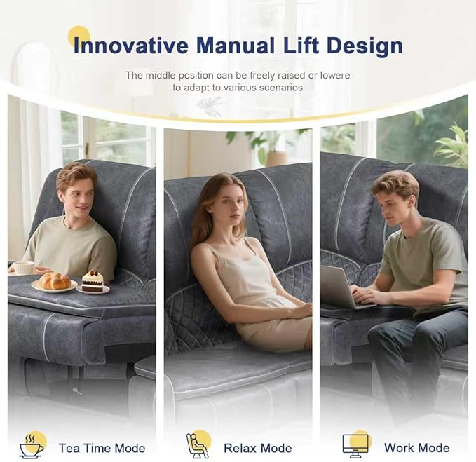 2026 Upgraded Recliner Sofa 3 Seater Couch with Recliner, Home Theater Seating with Liftable Console & Removable Armrest, Manual PU Leather Sofa Reclining with Storage & USB Ports (Velvet,Grey)