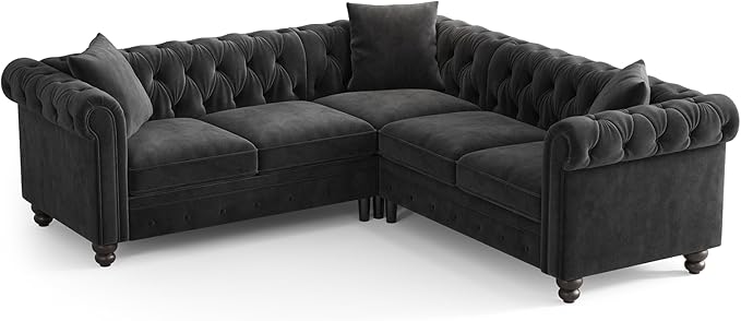 ONBRILL Velvet Chesterfield Sofa, L Shaped Sectional Sofa with Tufted Back & Rolled Arms, 3 Throw Pillows, Small Corner Sectional Couch for Living Room, Apartment, Black | Velvet Fabric