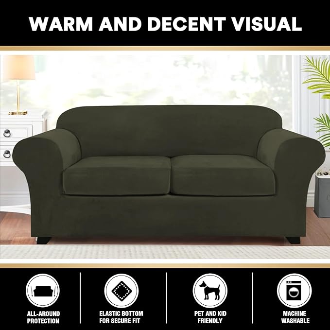PrinceDeco Couch Cover Velvet Plush Sofa Covers for 2 Cushion Couch Width Up to 90 Inch Washable Furniture Protector Pet Friendly No Slip Sofa Slipcover(Medium-Large, Olive)