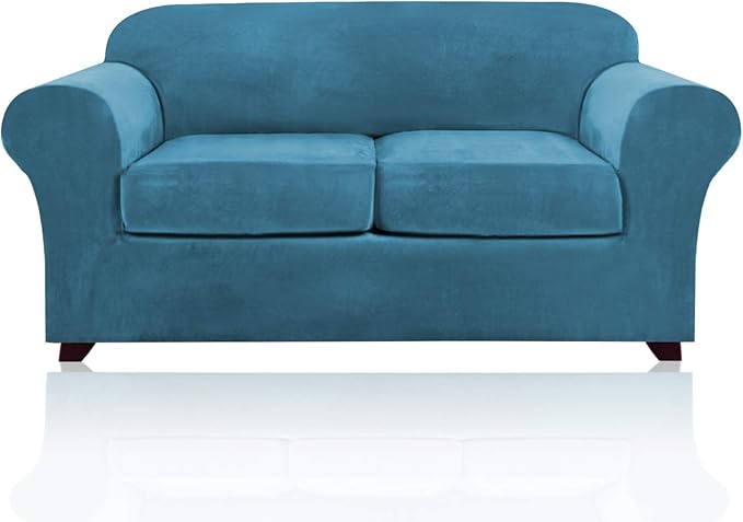 PrinceDeco Velvet Couch Cover Loveseat Covers for 2 Cushion Couch 3 Piece Sofa Covers for Dogs Washable Loveseat Covers Width Up to 72 Inch No Slip Stretch Sofa Slipcover(Medium, Blue)