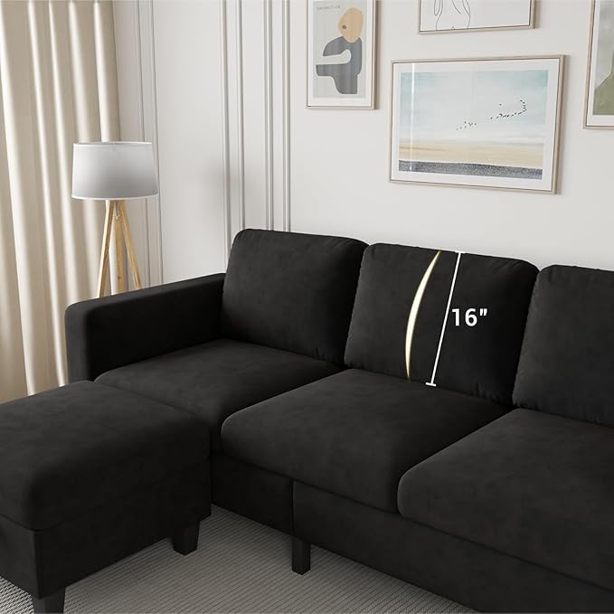 Sectional Sofa and Couches for Living Room - 78''L Shaped Black Velvet Couch-Pet Friendly Modular 3-Seater Convertible Sofas-Washable Covers-Suitable for The Living Room, Apartment or Bedroom