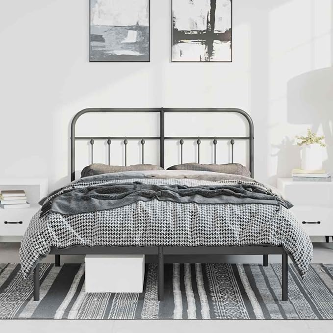 Bed Frame Black Powder-Coated Steel Queen Bed Frame headboard for Living Room 59.1x78.7 in