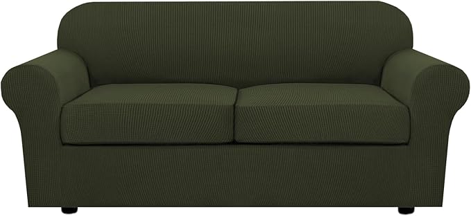 H.VERSAILTEX 3 Piece Stretch Sofa Covers for 2 Cushion Sofa Couch Covers for Living Room Sofa (Base Cover Plus 2 Seat Cushion Covers) Thicker Jacquard Fabric (Large Sofa, Olive)