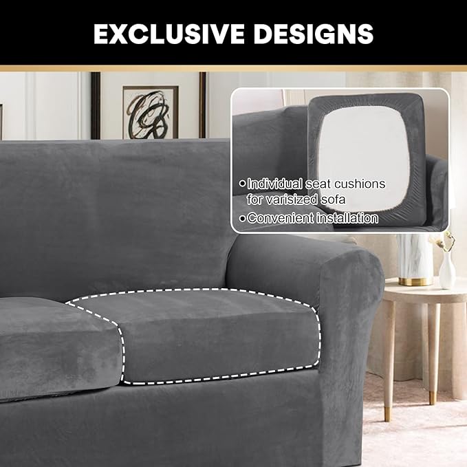 PrinceDeco Velvet Couch Covers for Sofa Soft 4 Pieces Couch Covers for 3 Cushion Couch Sofa Pet Friendly Furniture Protector with Non Slip Elastic Bottom Width Up to 90 Inch (Large, Grey)