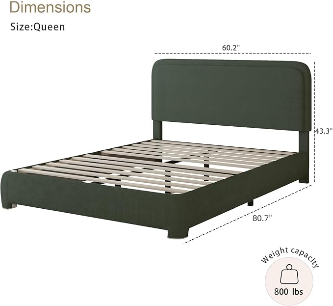 BarnFurin Queen Bed Frame with Headboard, Boucle Upholstered Platform Bed with Wood Slats, Soft Rounded Corners, No Box Spring Required, Non-Slip and Noise-Free, Easy Assembly, Green
