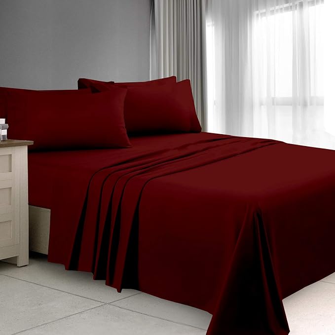 Ready To Rest Super Single Waterbed Sheets, 4 Piece Attached Sheet Set, Fits 18 Inch Deep Mattress, Brushed Microfiber, Ultra Soft and Lightweight (Burgundy)