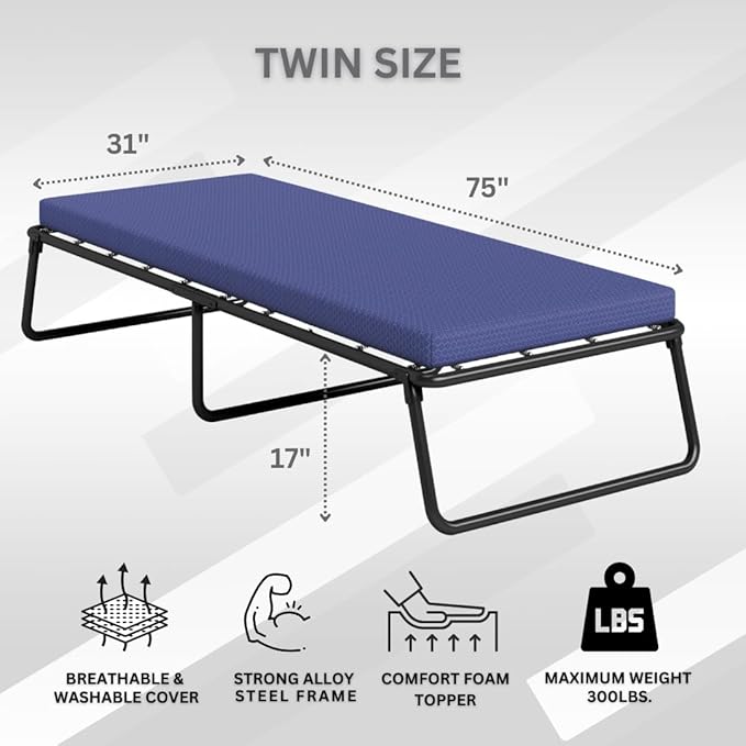 Beautyrest Folding Guest Bed, Twin Size, Steel Frame, Contouring Foam Mattress, Plush Removable Cover, 300 lbs Capacity