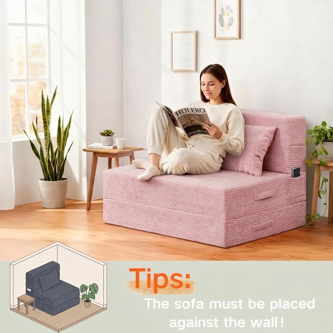 Folding Sofa Bed, 4 in 1 Convertible Sleeper Chair with Pillow, Twin Memory Foam Fold Out Chair Bed, Modern Floor Futon Sofa Couch Mattress for Living Room/Guest/Apartment, Pink