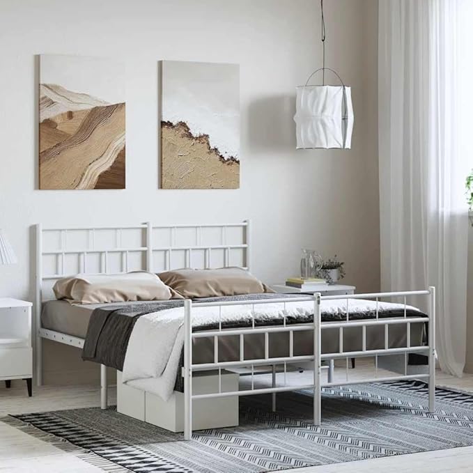 Queen Metal Platform Bed Frame 53x75 in Heavy Duty White Powder Coated Steel with 11.8 in Under Bed Storage Minimalist Modern Bedroom Furniture for Guest Master Bedroom