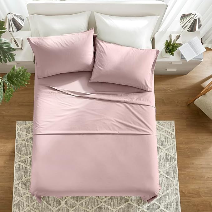 Comfort Spaces 100% Cotton Sheets Queen, Breathable & Ultra Soft Cotton Sheets, Naturally Cool Cotton Bed Sheets with 14" Elastic Pocket Fits up to 16" Mattress, All Seasons Sheet Set, Pink 4 Piece