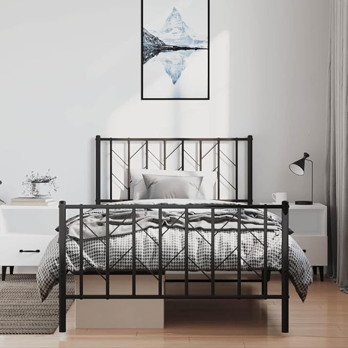 Bed Frame Black Powder-Coated Steel Modern Metal Bed Frame with Headboard, Sturdy Steel Bed with Underbed Storage 39.4 x 78.7 in Sturdy