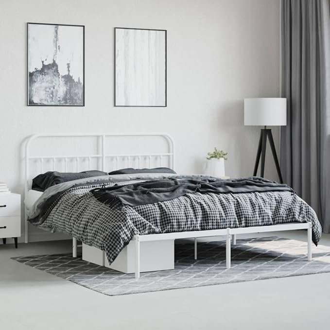 Bed Frame White Powder-Coated Steel Double Bed headboard for Guest Room 70.9x78.7 in Rectangular