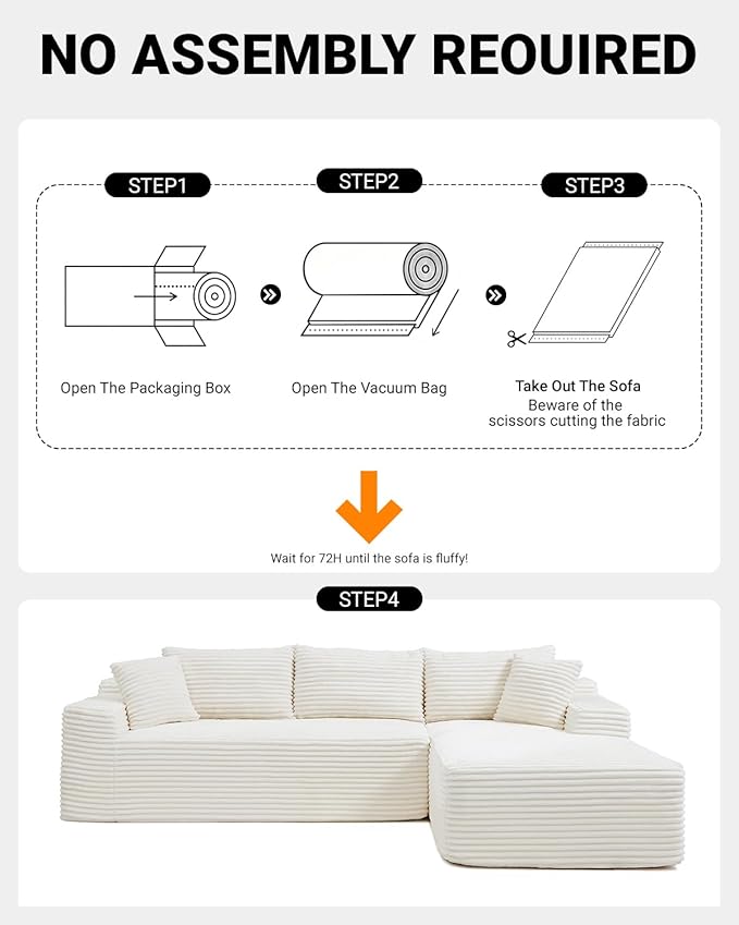 Cloud Sectional Couch,108" Modern Modular Sectional Sofa with Deep Seat,Corduroy Boneless Couches with L-Shape Chaise for Living Room,No Assembly Required (Beige, Right Facing Chaise)