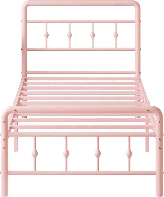 Richwanone 14 inch Twin XL Bed Frame with Headboard and Footboard, Heavy Duty Metal Bed Frame Victorian Style, No Box Spring Needed, Easy Assembly, Pink