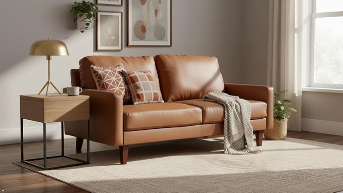 Pemberly Row Modern PU Leather Sofa Couch with Wooden Legs – Brown, 70 Inch Upholstered Sofa, High-Density Cushion, Straight Arm Design for Living Room, Apartment or Office
