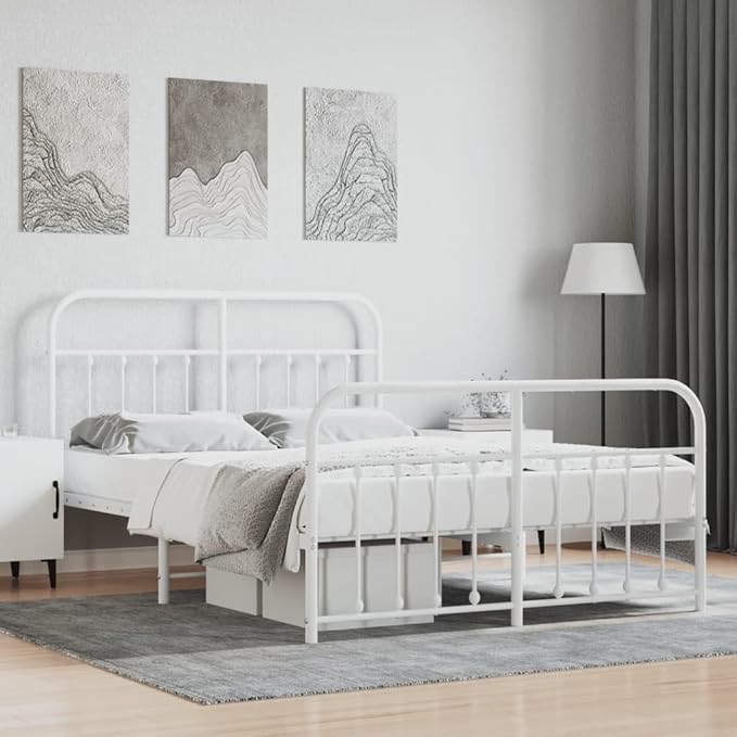 Bed Frame White Powder-Coated Steel Double Bed Bedroom Furniture for Living Room 55 x 79 in Frame