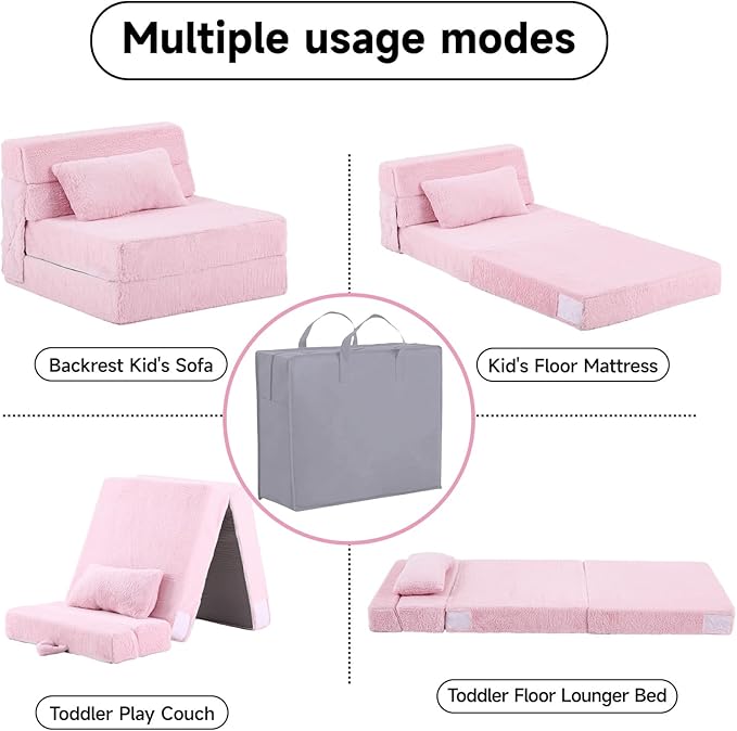 Tiita Convertible Folding Kids Sofa Bed with Pillow & Storage Bag, Plush Fabric Floor Mattress Couch Bed, Washable Cover, Kids Room, Playroom, Dorm, Apartment, Pink