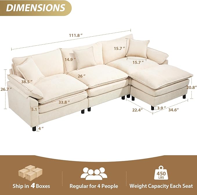 Oversized Modular Sectional Sofa, 111.8 Inch L Shaped Cloud Couch Set, 3-Seat Comfy Convertible Sofa with 1 Movable Ottoman, DIY Combination Sleeper Couch for Living Room(Chenille, Beige)