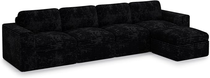 Boneless Sectional Cloud Couch with Deep Seat Plush Corduroy Modular Sectional Sofa Convertible L Shaped Couches for Living Room. Black Sofa.