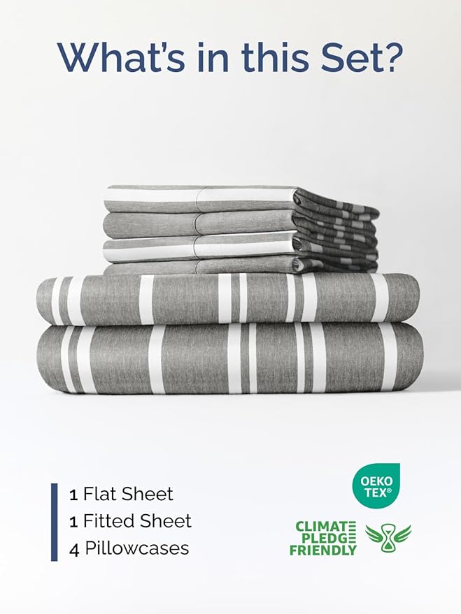 Extra Deep Queen Sheet Set - 6 Piece Breathable and Cooling Sheets - Hotel Luxury Bedding for Women, Men, Kids & Teens - Easy Secure Fit - Soft and Wrinkle Free with Extra Deep Pockets - Grey Stripes
